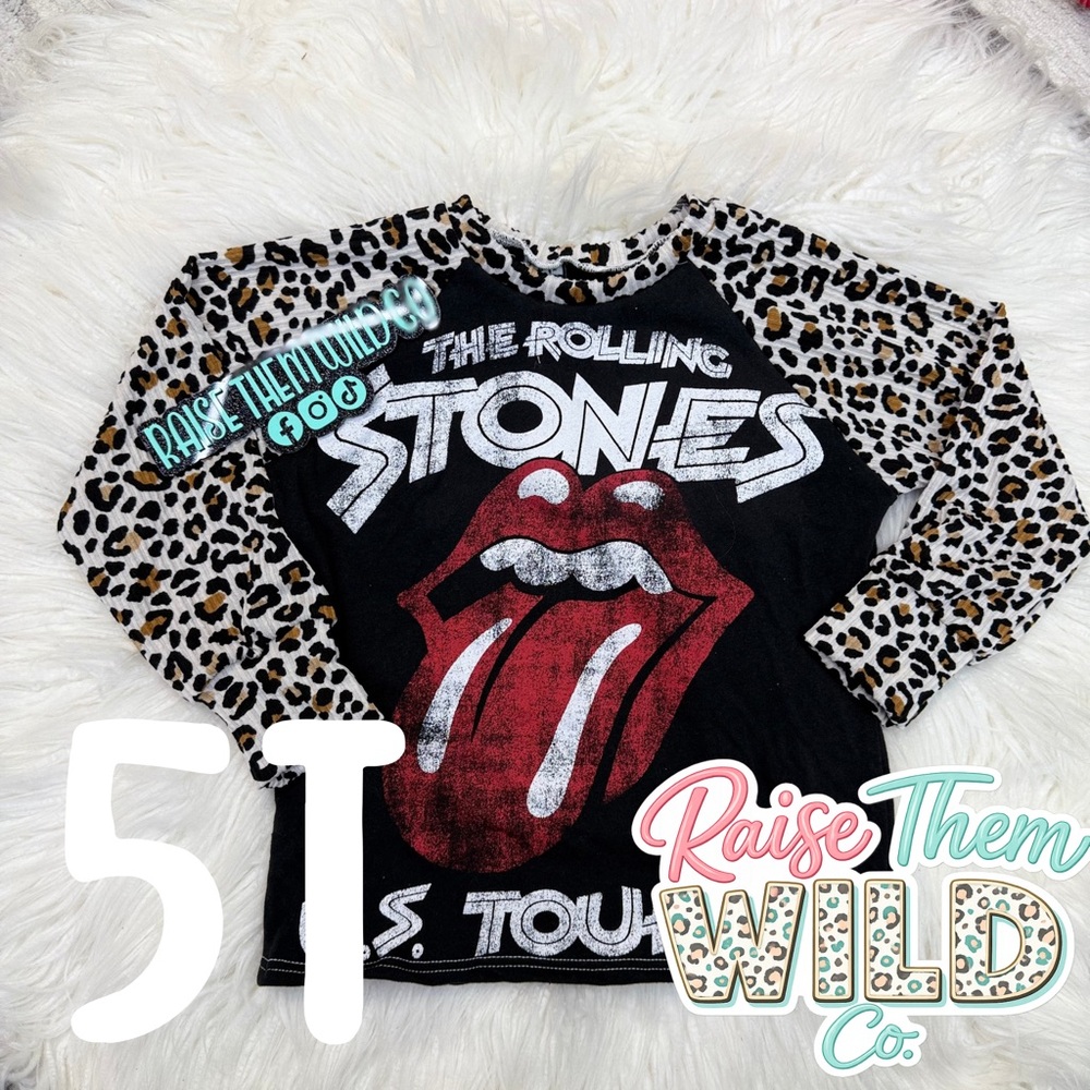 Kids upcycle Leopard Print Rolling Stones Long Sleeve Tee